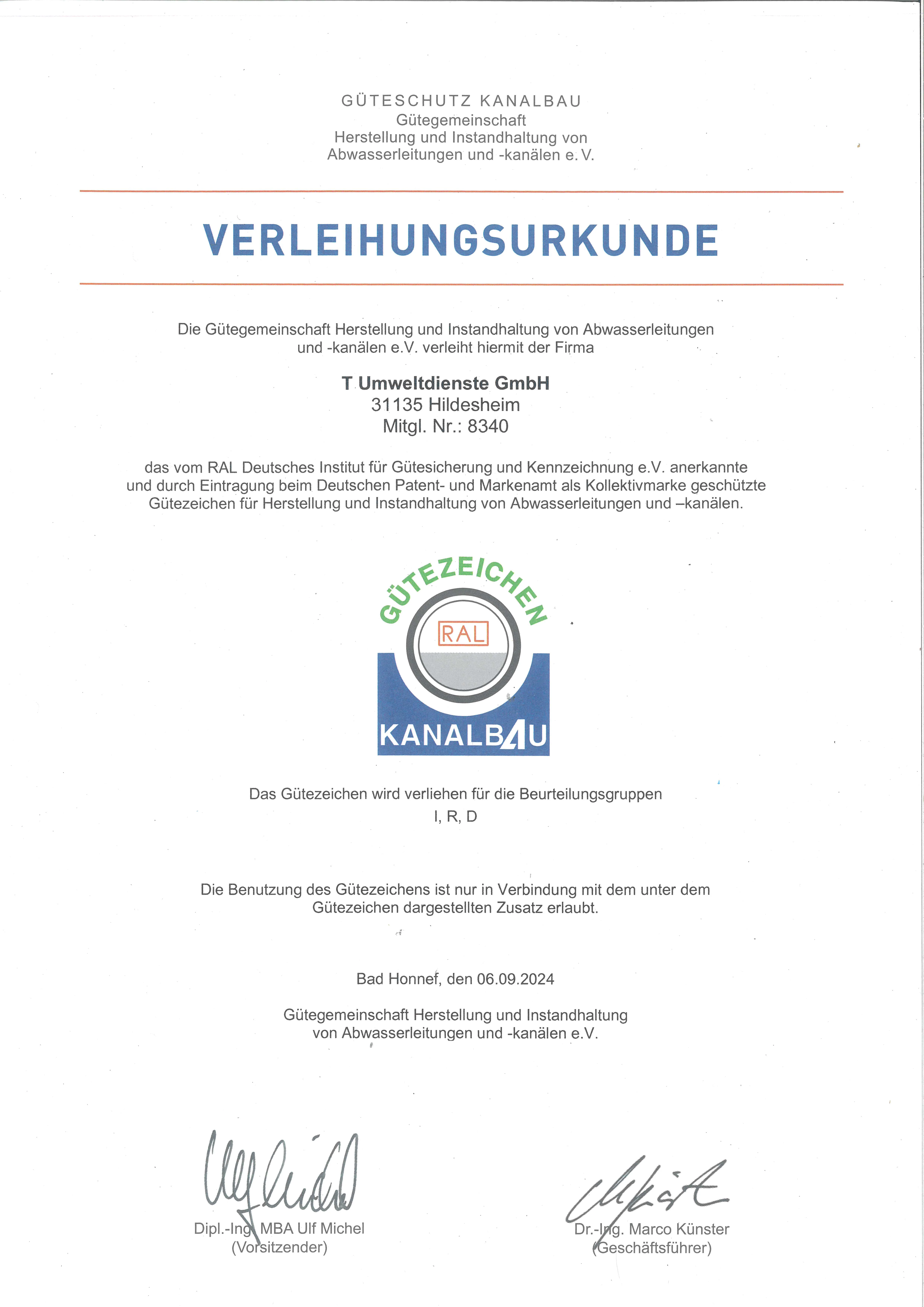 Gütezeichen Kanalbau